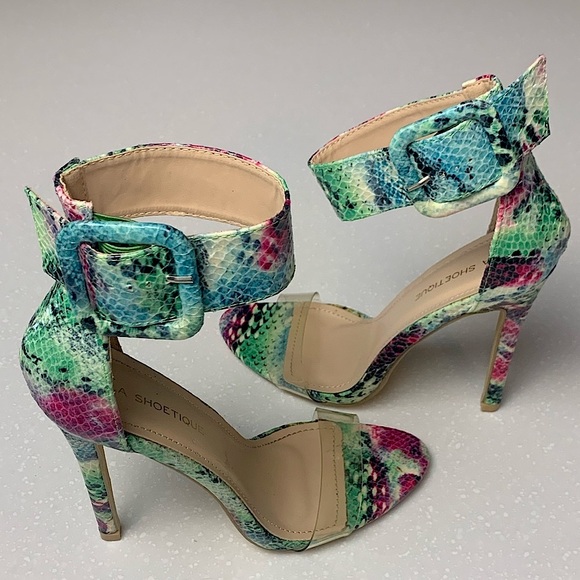 Shoes - Multicolored Snakeskin Open Toe Ankle Strap Stilettos High Heel Sandals- 7.5